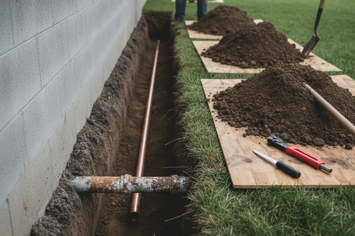 Excavated water line trench during Sewer Line Repair in Fairfax